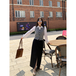 pusumede【现货5折】设计感直筒开叉皮裙半裙女中长款气质包臀裙