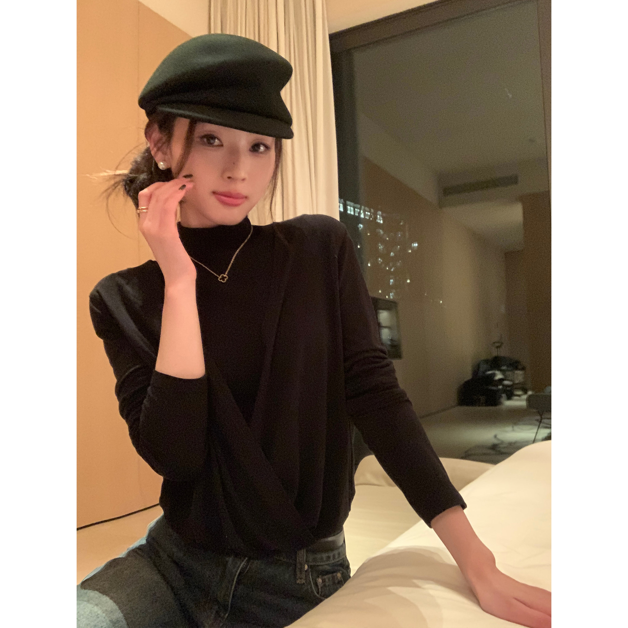 pusumede 优雅线条 气质半高领针织衫女交叉褶皱假两件打底上衣,女装/女士精品,毛针织衫,淘宝优惠券,粉丝福利购,淘宝优惠卷