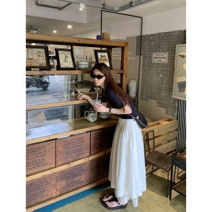 pusumede 白色高腰半身裙女设计感蕾丝拼接a字伞裙 夏日信笺 法式