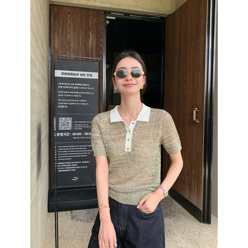 pusumede 慵懒随性 撞色polo领镂空针织衫短袖T恤女气质休闲上衣