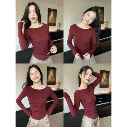 pusumede修身长袖针织t恤女设计感一字领抽褶收腰内搭打底衫上衣