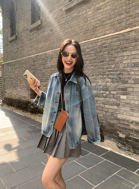 pusumede 港风复古蓝色牛仔外套女2025新款宽松休闲百搭夹克上衣