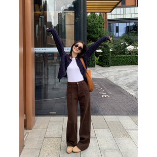 子寬松闊腿褲 pusumede 咖色復古牛仔褲 女高腰顯瘦加厚褲 拖地長褲