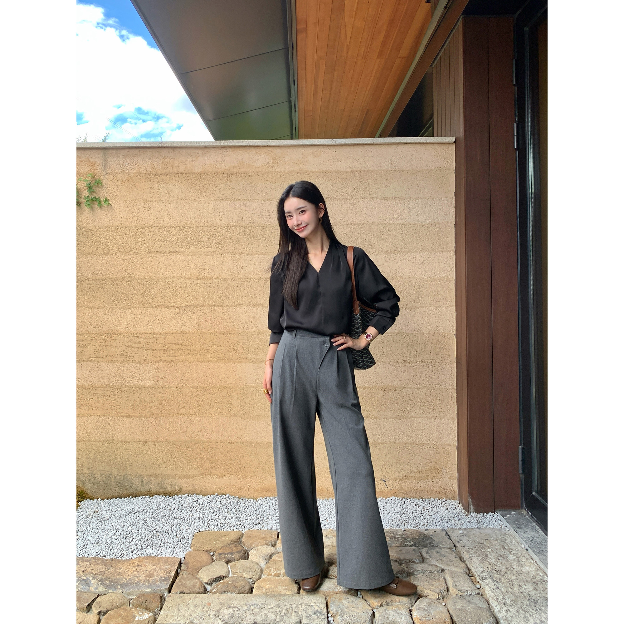 pusumede 时髦先锋 斜门襟高腰休闲裤女设计感捏褶西装阔腿西裤