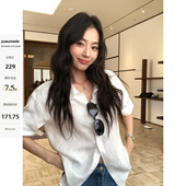 女宽松通勤衬衣中袖 pusumede 衬衫 1OO亚麻短袖 气质上衣 老钱vibe