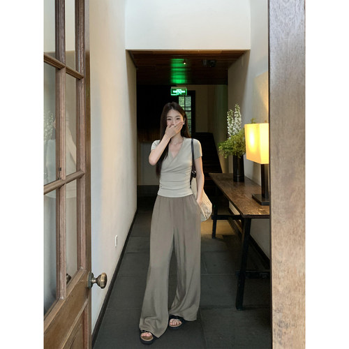 pusumede凉感莱赛尔~轻薄宽松休闲裤女松紧腰慵懒阔腿裤垂感长裤