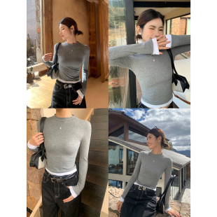 t恤修身 pusumede 女撞色拼接长袖 半高领针织衫 上衣 现货5.5折