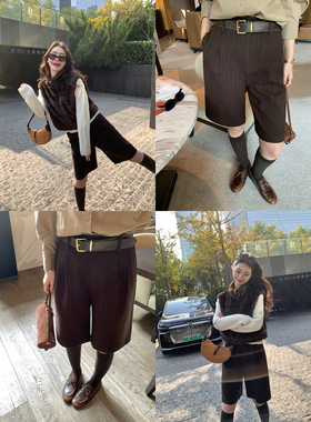 pusumede 高智性风 花灰色条纹西装五分裤女高腰宽松显瘦阔腿短裤