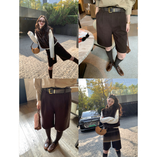 女高腰宽松显瘦阔腿短裤 pusumede 五分裤 花灰色条纹西装 高智性风