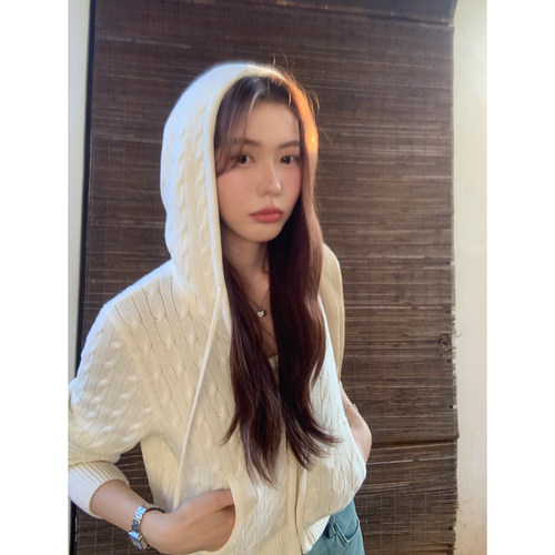 连帽麻花针织开衫女拉链毛衣帽衫