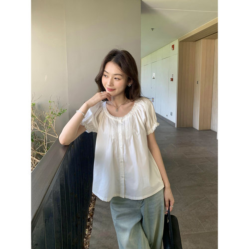pusumede少女感娃娃衫法式圆领衬衫女花边泡泡袖小衫宽松气质上衣