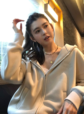 pusumede 温柔淡人 灰色连帽卫衣外套女宽松短款加绒拉链开衫上衣