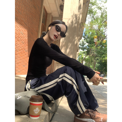 侧边条纹撞色长裤宽松休闲运动裤