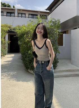 pusumede 带胸垫v领吊带背心女夏设计感撞色修身小众无袖针织上衣