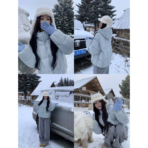 pusumede 临冬漫雪 立领连帽短款羽绒服女宽松保暖白鸭绒面包服