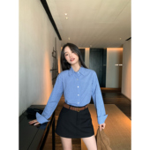 女复古学院风长袖 pusumede 蓝色miu系格子衬衫 衬衣休闲宽松上衣