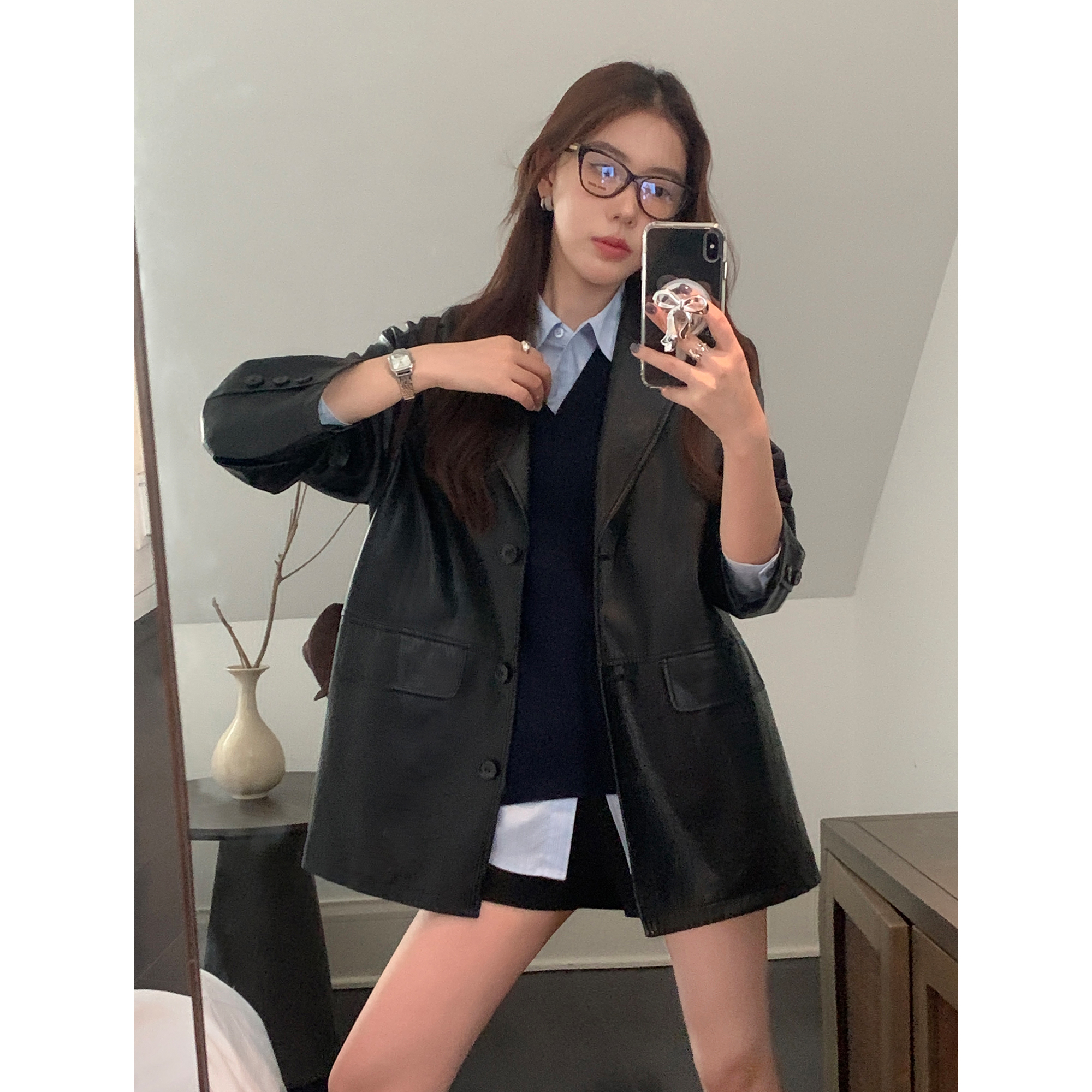 黑色复古PU皮衣女春季西装外套