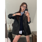 现货7折 黑色复古PU皮衣女春季 新款 pusumede 宽松西装 外套