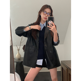 宽松西装 pusumede 新款 黑色复古PU皮衣女2025春季 外套 现货7折