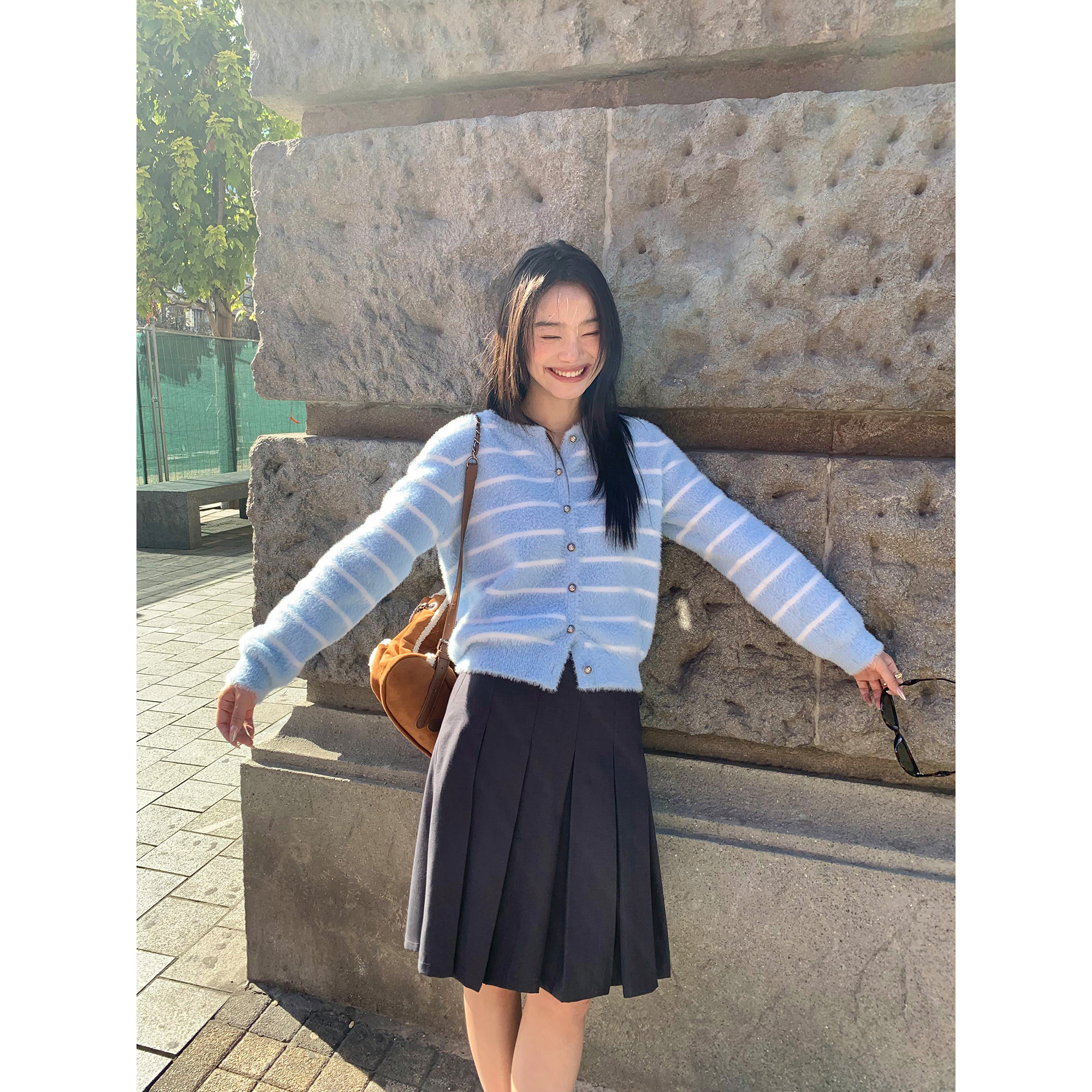 高腰西装半身裙女中长款百褶裙