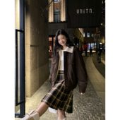 pusumede复古压褶格子半身裙女秋冬高腰显瘦毛呢百褶裙设计感裙子