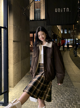 pusumede复古压褶格子半身裙女秋冬高腰显瘦毛呢百褶裙设计感裙子