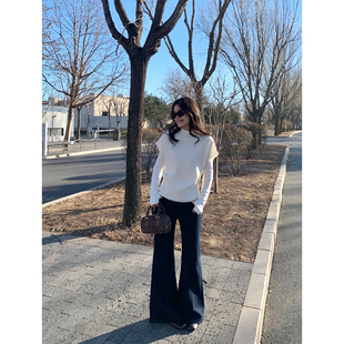 pusumede 优越比例 复古微喇高腰弹力牛仔裤女气质修身拖地长裤