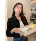 小香风外套女春秋翻领优雅气质开衫 pusumede 高级感黑色短款 上衣