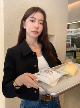 pusumede 黑色短款小香风外套女2025春秋翻领高级感气质开衫上衣