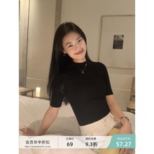 pusumede 半高领黑色短袖T恤女春秋半袖打底衫修身显瘦针织上衣