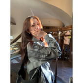 pusumede 上衣 女设计感宽松气质长袖 米兰往事 蓝色刺绣条纹衬衫