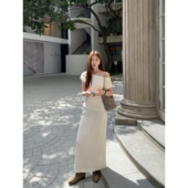 T恤女褶皱收腰露肩上衣直筒半身裙套装 pusumede少女茶会 斜肩短袖