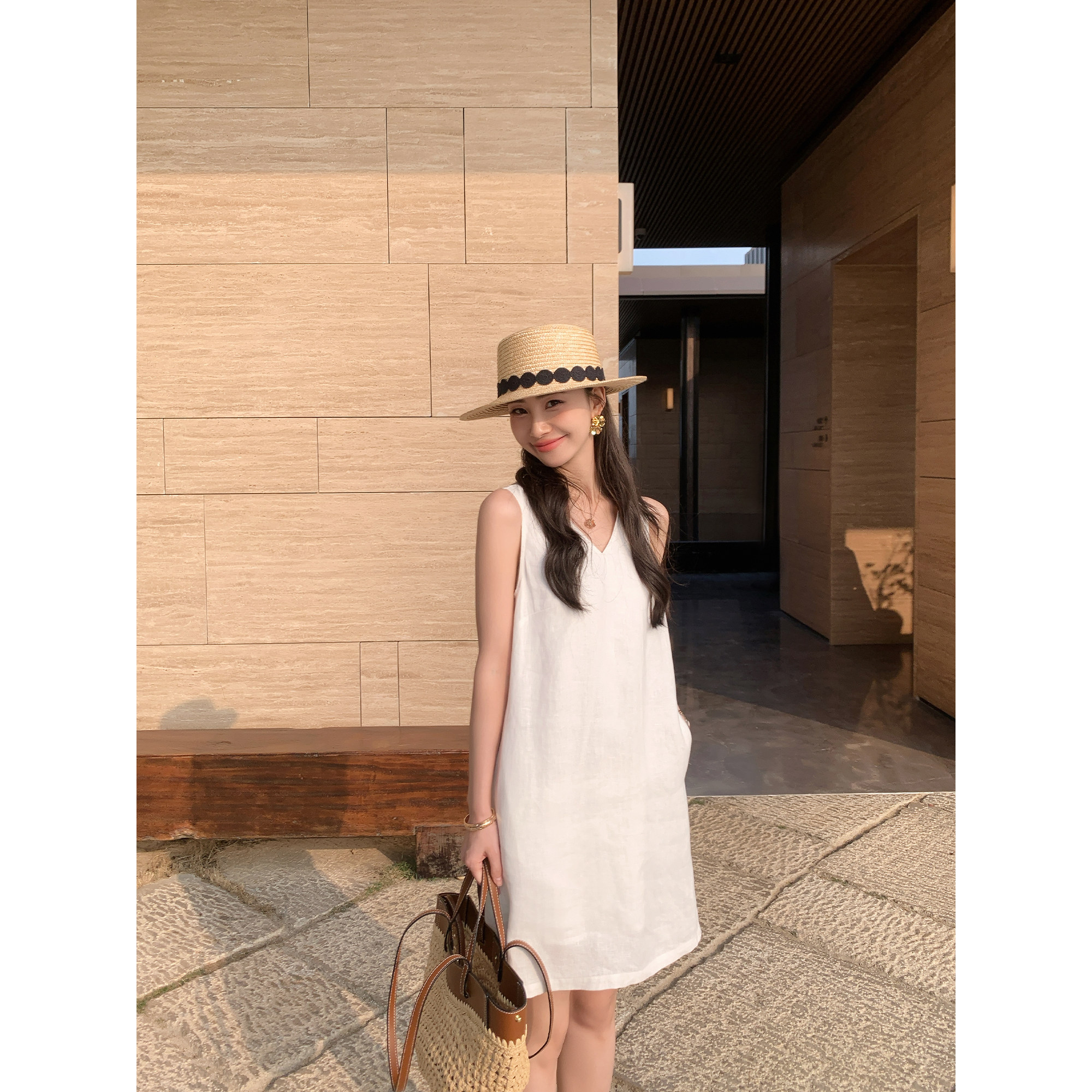 pusumede夏日美集 1OO亚麻V领背心裙女高级感无袖连衣裙气质短裙
