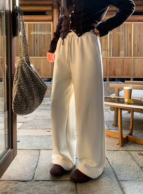 pusumede 舒适柔软 氛围感宽松阔腿卫裤女加绒加厚杏色直筒休闲裤