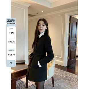 pusumede 黑色收腰毛呢外套女秋冬復古高級感顯瘦設計感氣質(zhì)上衣