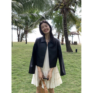 pusumede黑色复古PU皮衣外套女春秋新款 翻领机车夹克上衣 气质短款