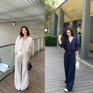 pusumede主线系列丨运动风连帽卫衣拉链外套女宽松阔腿休闲裤套装