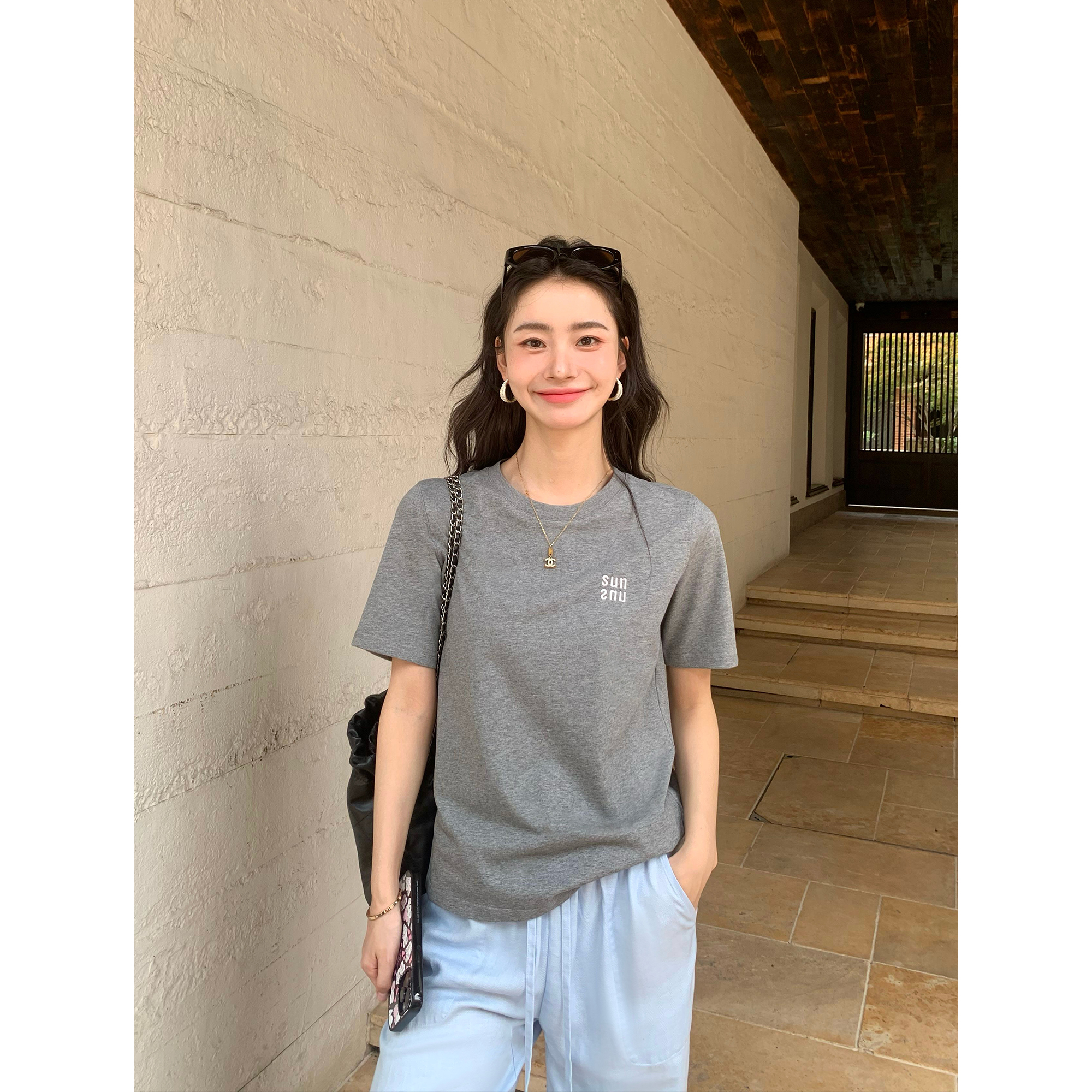 pusumede 经典色系 圆领短袖t恤女夏季百搭宽松简约纯棉针织上衣