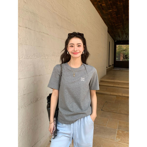 pusumede 经典色系 圆领短袖t恤女夏季百搭宽松简约纯棉针织上衣