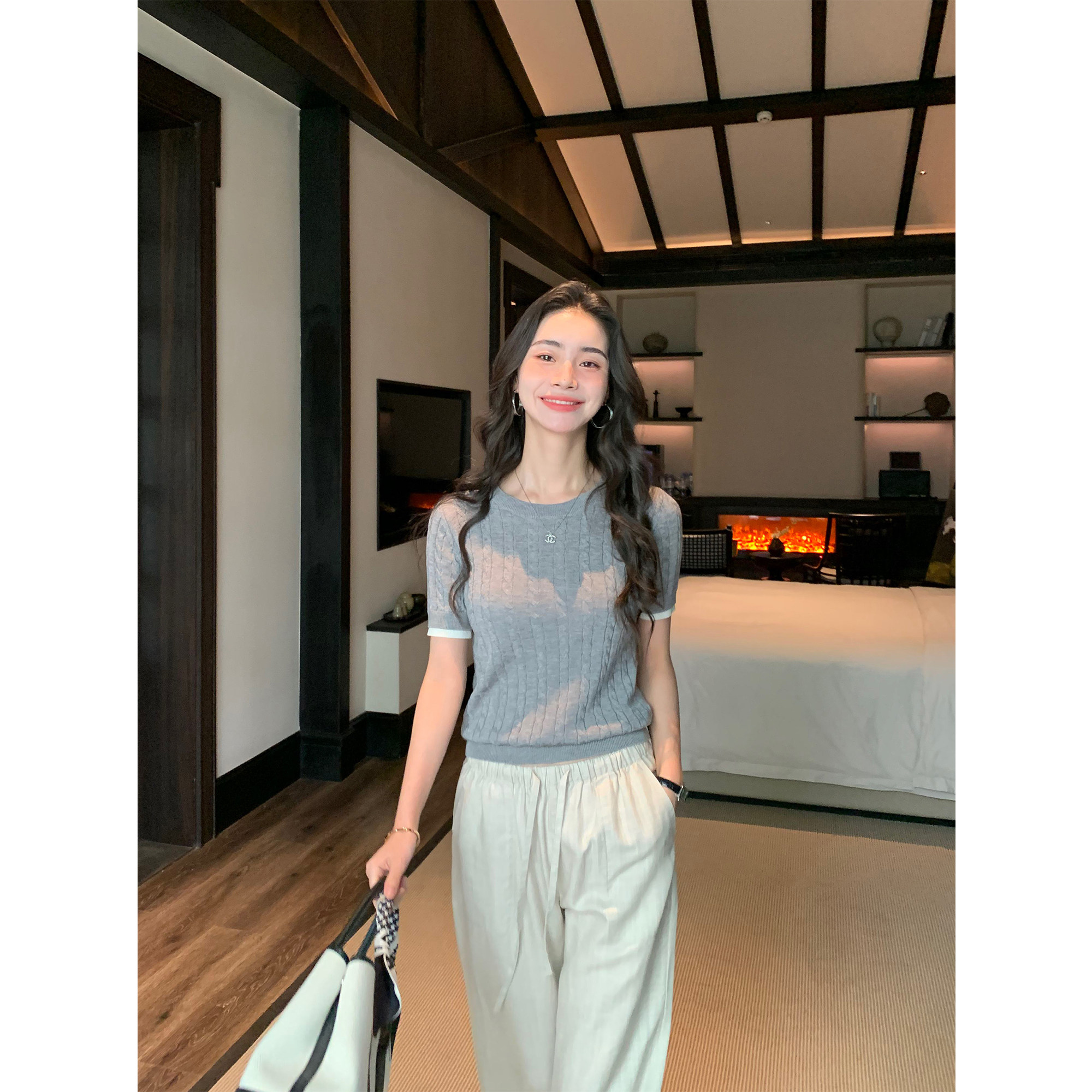 pusumede 经典麻花系列 圆领短袖针织衫女夏季宽松气质t恤上衣
