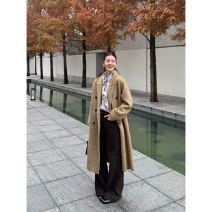 pusumede【现货6.5折】高级感绵羊毛双面呢大衣女中长款毛呢外套