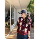 复古菱格纹圆领针织开衫 pusumede miu系可颂 女慵懒软糯红色毛衣