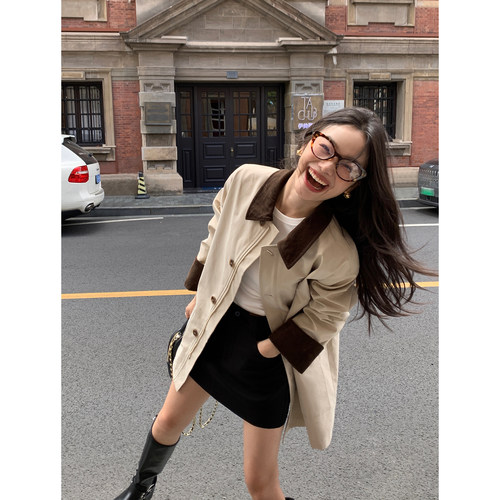 撞色拼接风衣外套女中长款大衣