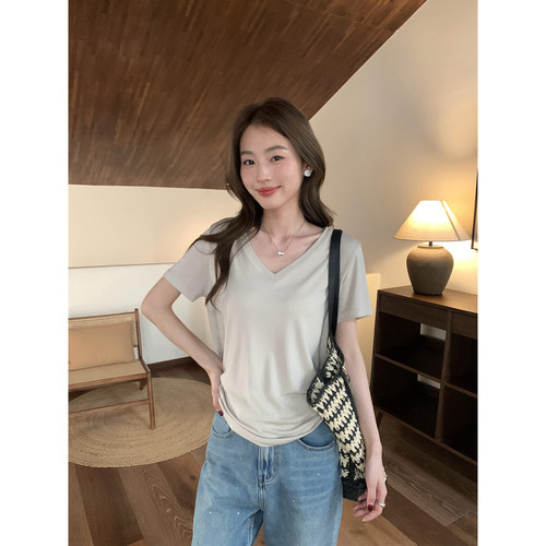 简约纯色v领短袖t恤女正肩上衣