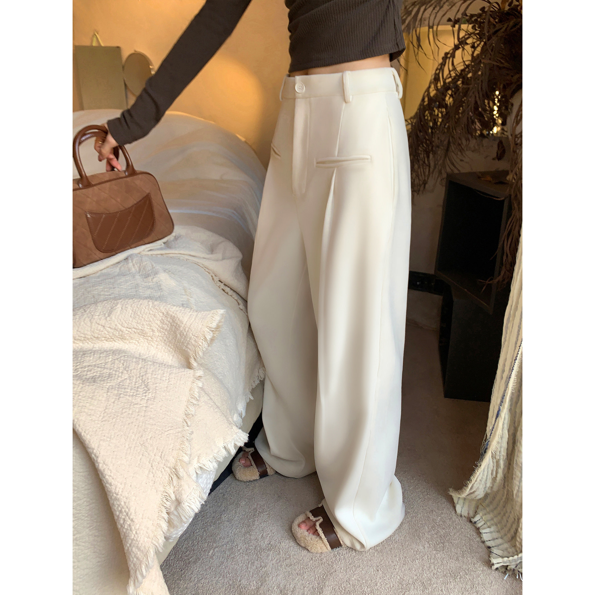 pusumede 白色宽松阔腿裤女秋冬高腰直筒长裤休闲裤百搭拖地裤子,女装/女士精品,休闲裤,淘宝优惠券,粉丝福利购,淘宝优惠卷