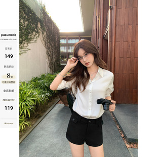 pusumede 自在周末 黑色低腰休闲短裤女烟管直筒修身百搭a字热裤