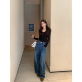 pusumede 女高腰显瘦垂感拖地长裤 现货7.5折 深蓝色阔腿牛仔裤