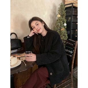 pusumede黑色仿羊羔毛皮草女秋冬夹棉保暖宽松休闲气质小香风外套