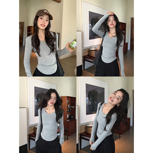 t恤女修身 纯色U领长袖 气质正肩收腰针织上衣 松弛回归 pusumede