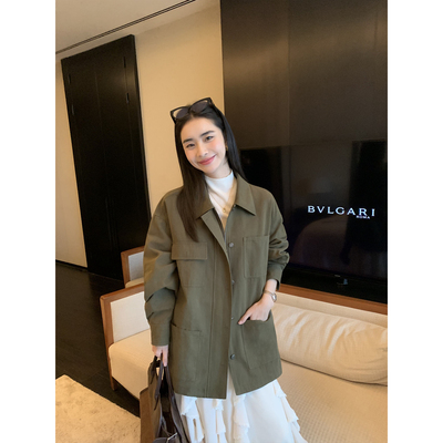 pusumede军绿色工装外套女宽松休闲翻领秋冬新款加厚夹棉夹克上衣